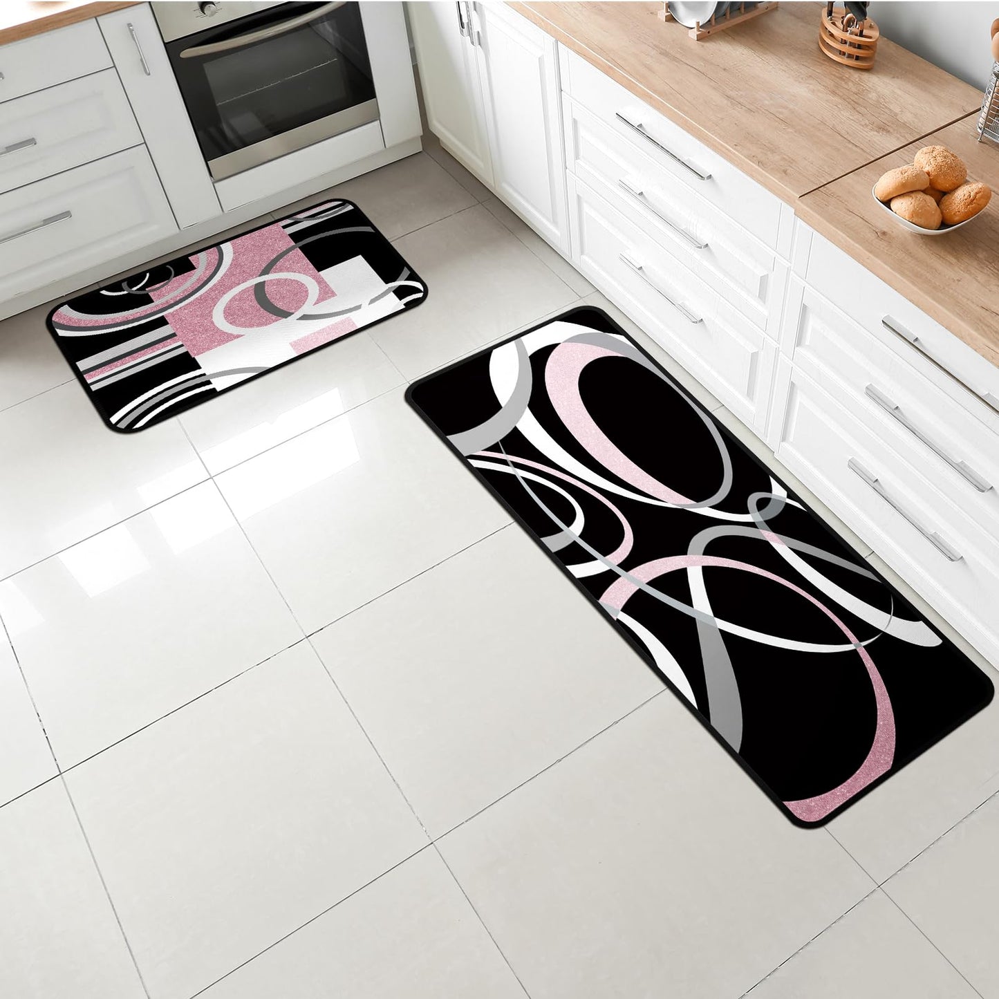 Maasechs 3 Pcs Pink Black Geometric Kitchen Rugs and Mats Set Anti Fatigue Floor Mat Non Slip Washable Modern Abstract Runner Rug Minimalist Kitchen Decor for Home Office Bathroom, 17"x30"+17"x47"