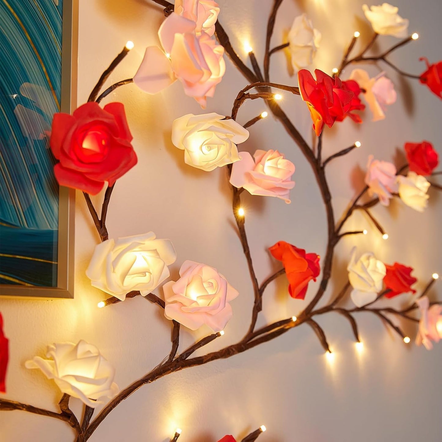 BomKra Rose LED Tree Branch Lights for Wall,Rose Blossom Willow Vine Branch Room Decor Gift,Flexible DIY Design,with 144 LED Lights and Remote,8 Lighting Modes,for Bedroom and Wall Decor (90inch)
