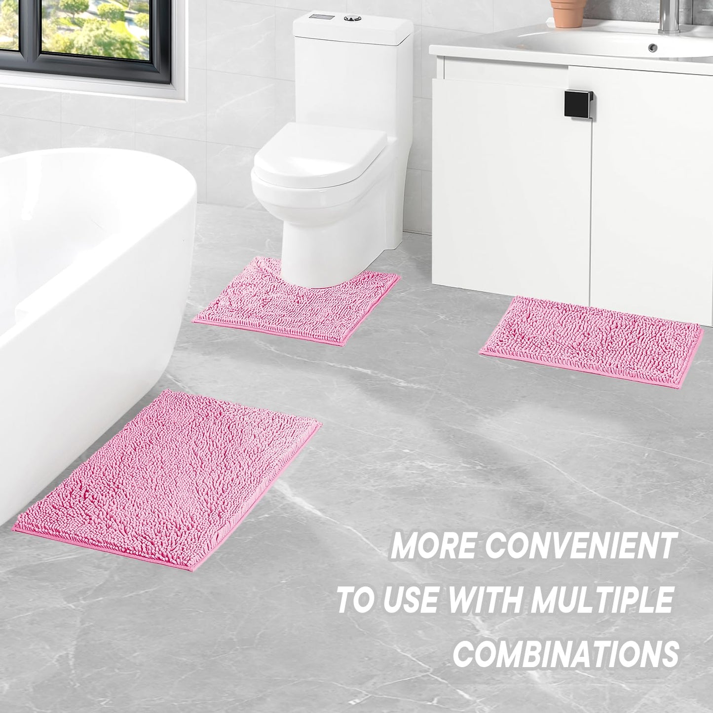 Xmecyino Bathroom Rugs Sets 2 Piece Washable, Luxury ，Chenille Bath Mat Set, Soft Plush Anti-Slip Rectangular Bath， Rug Super Absorbent. (Pink, 32"x20"+24"x16")