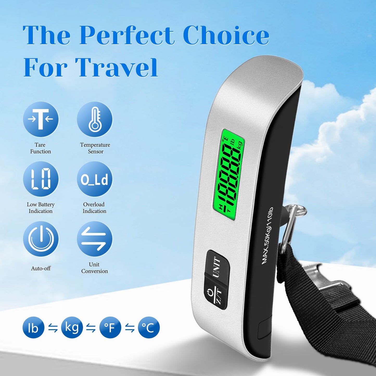 Luggage Scale, 110lb Luggage Weight Scale with 4 Unit Switching Functions&LED Display, Luggage Scale Travel Digital for Weighing Luggage, Backpacks, Packages and Markets