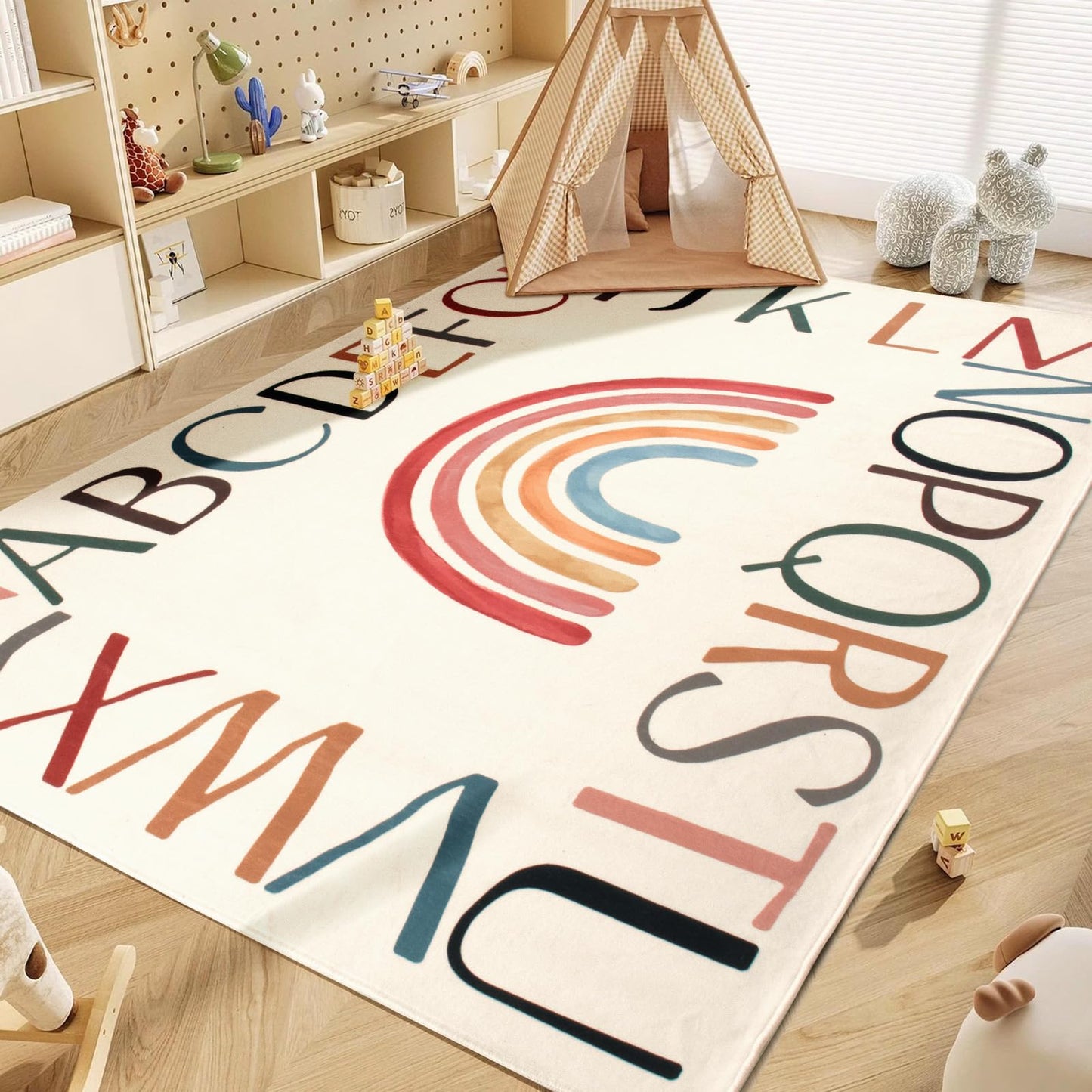Truqual Nursery Rug Round Rainbow Classroom Rug Elementary, Non-Slip Rainbow Rug for Girls Room, Extra Large Learning Carpet for Kids Playroom, Circle Play Mat for Toddlers
