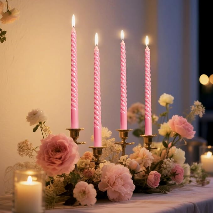 Tobeape Pink Twisted Taper Candles Set of 12, 10 Inch Tall Unscented Dripless, Smokeless Spiral Tapered Candlestick for Wedding Home Décor Dinner Birthday Party Valentine's Day - 8 Hour Long Burning