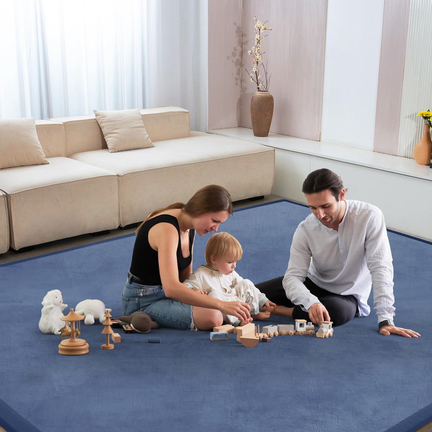ILPEOD Baby Play Mat for Floor Nursery Rug Muscle Mat Area Rug Playroom Rug 79"x158" Playpen Mat Elastic Foam 1.3" Thick Crawling Mat for Babies,Toddlers, Infants, Kids,Sapphire Blue