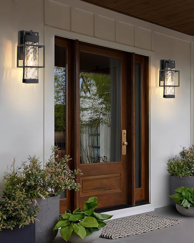 Outdoor Wall Lights Dusk to Dawn Outdoor Lighting 2 Pack, 15" H Black Exterior Lighting Fixtures Waterproof Sconce Porch Lights with LED Bulbs, Large Outside Lights for House with Water Glass