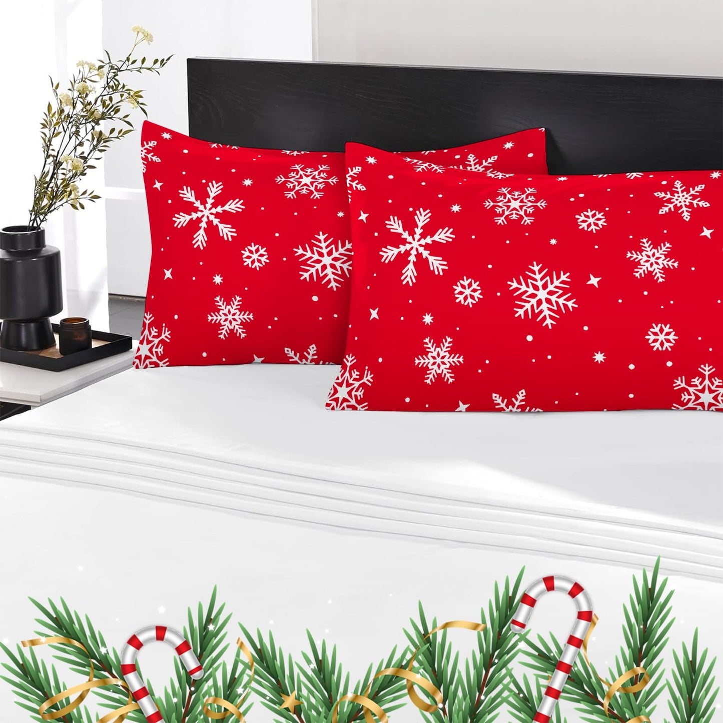 YIYEA Christmas Pillow Cases Queen Size Set of 4, Ultra Soft Double Brushed Microfiber Red Pillowcases and Christmas Snowflake Pillow Covers, Envelope Closure, Fade Resistant (20"x30")