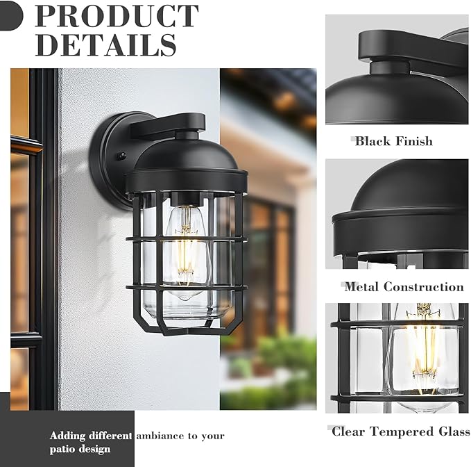 Emliviar 2-Pack Outdoor Exterior Wall Light Fixtures for Porch, 11.3 Inch Black Wall Mount Lantern with E26 Bulb Base, Clear Tempered Glass, GE255BL-2PK BK
