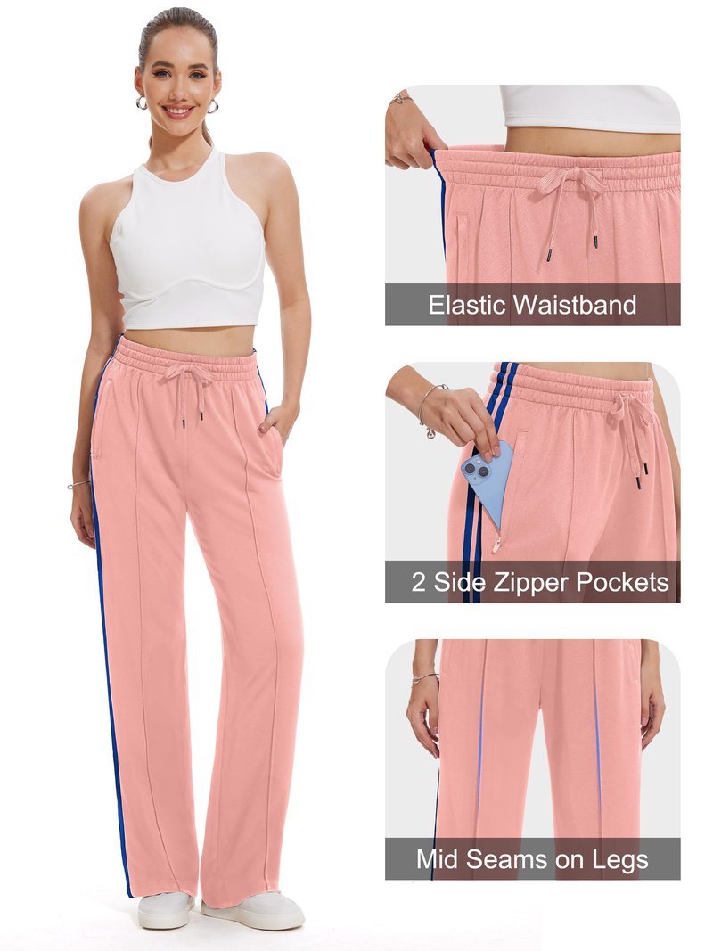 Tapata Long Women's 32" Inseam Track Pants Elastic Waistband Y2K with Zipper Pockets Dance Studio Sweatpants, Pink, L