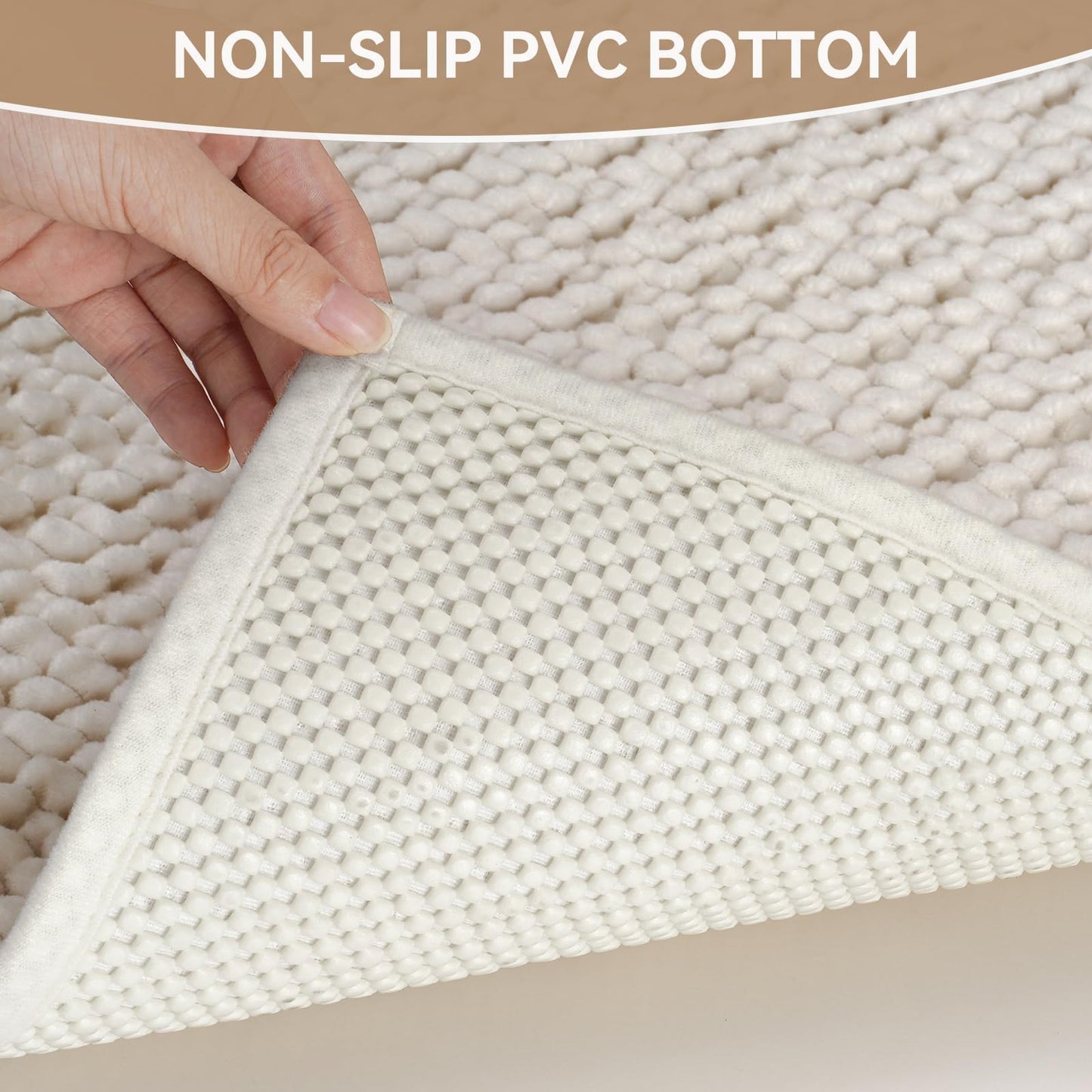 QiCaiJia 16x24 Extra Soft Chenille Bathroom Rugs - Non Slip Quick Dry Absorbent & Washable Bath Mat, Thin Low Profile Fit Under Door, Shower Mat for Outside Shower - Beige