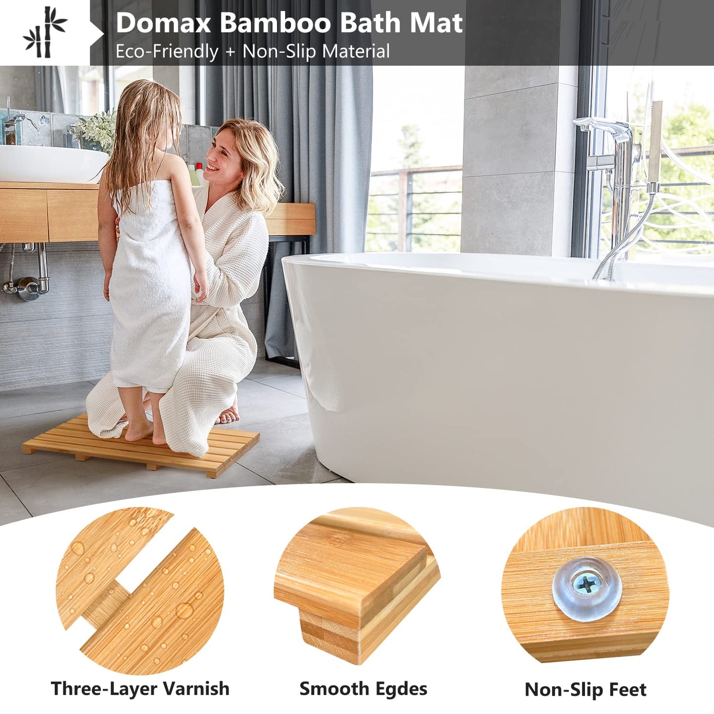 Domax Bamboo Bath Mat - Non Slip Waterproof Wooden Shower Floor Mat for Bathroom, Sauna, Spa, Outdoor Use (Natural, 21.26 x 14.17 x 1.3 Inch)