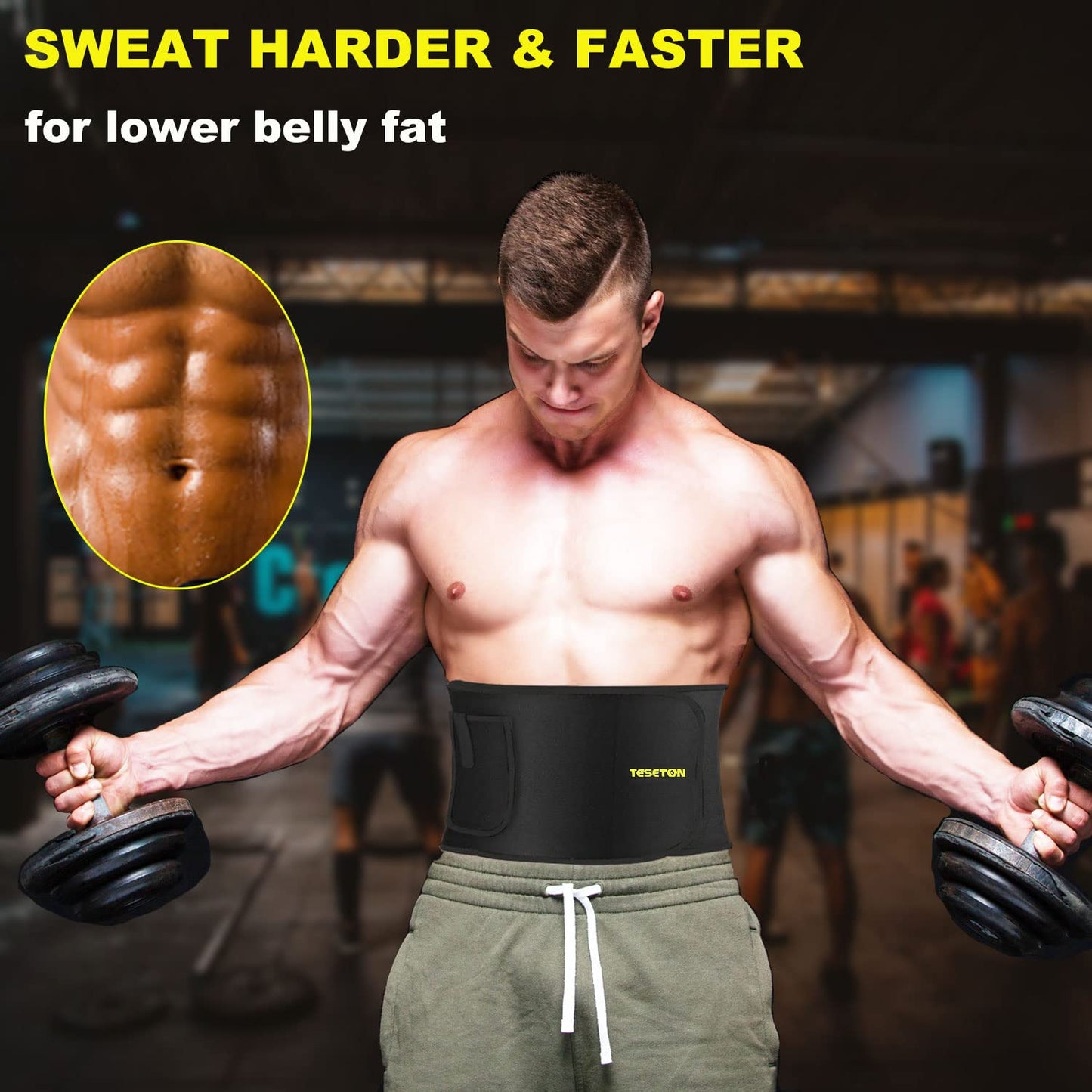 TESETON Mens Waist Trainer, Sweat Waist Trainer for Men Women, Sweat Band Blet for Lower Belt Fat, Sweat Wraps for Abdominal Home and Outdoor Workout Fitness Exercise 01 Black S
