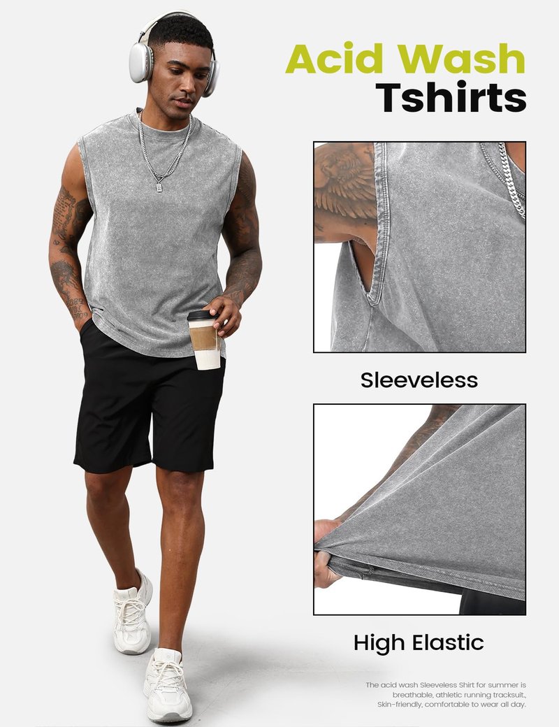 Yimoon Mens Tank Tops Workout Sleeveless Shirts Cotton Acid Wash Tees Loose Gym Muscle Shirts(GreyKhakiBeige-XL)