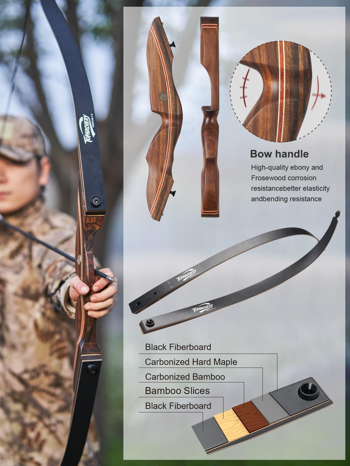TOPARCHERY Recurve Bow Set for Adult & Beginner, 60" Wooden Takedown Recurve Hunting Bow for Outdoor Training Practice Right Handed 25-60LB (Brown, Right Hand, 30, Pounds)