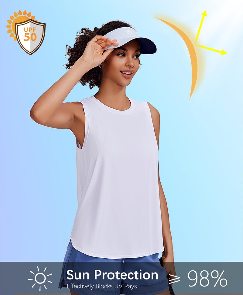 PINSPARK Athletic Tank Tops for Women Moisture Wicking Workout Tanks UPF 50+ Sleeveless Yoga Shirt with Side Slits Loose Fit Gym Top for Running, White Small