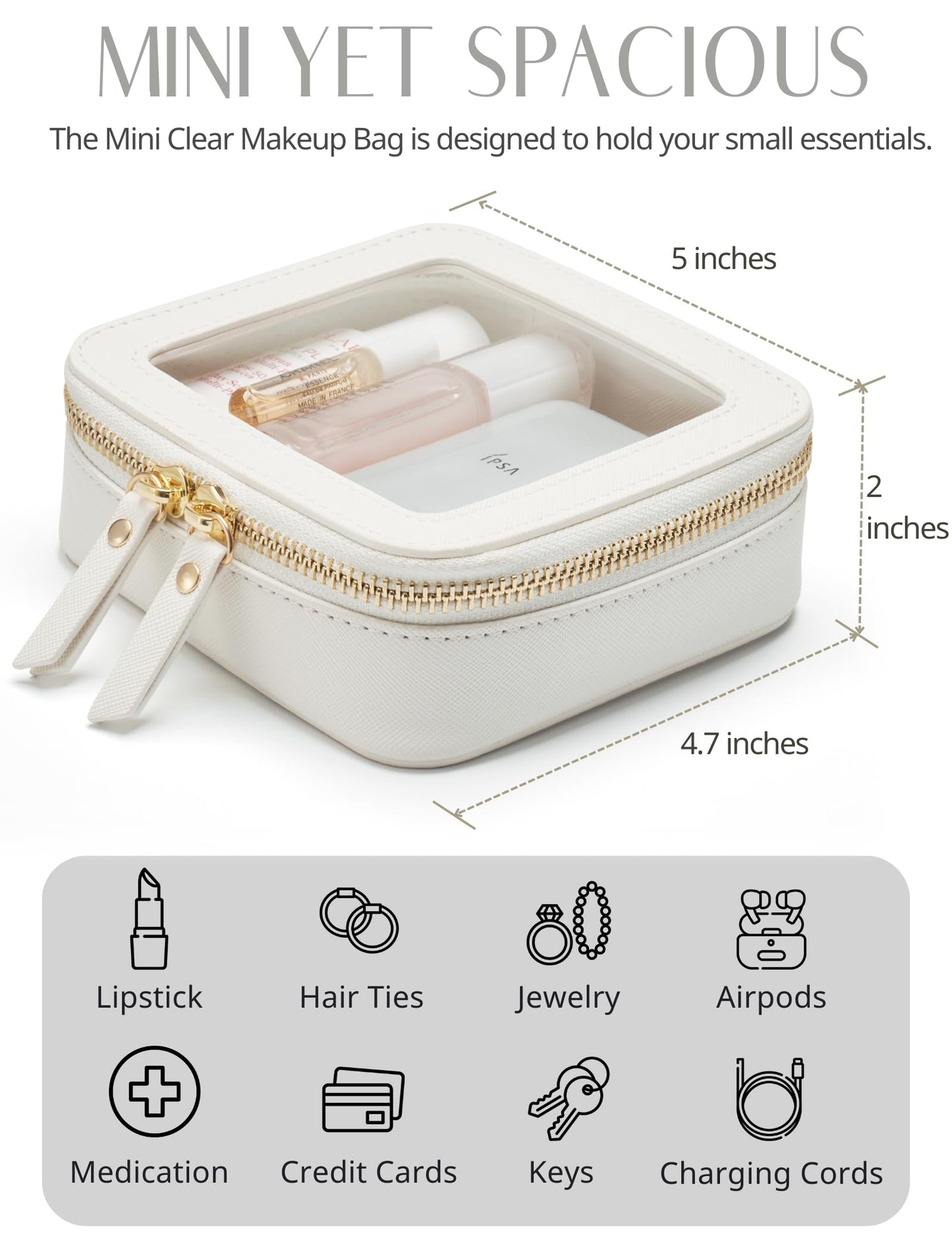 Small Cosmetic Bag for Purse Mini Makeup Bag for School Cute Clear Make Up Pouch for Travel Tiny Leather White Make Up Organizer Case for Backpack Toiletry Bag Waterproof Square Pouch with Zipper