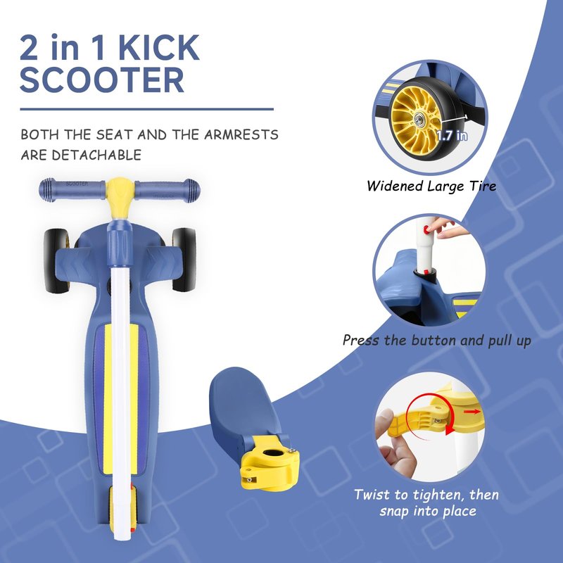 Wheelive 2 in 1 Kick Scooter with Removable Seat, 3 LED Wheels Kick Scooter for Kids, 4 Adjustable Height & Foldable Design Toddler Scooters Sit or Stand Ride for Boys & Girls 2-10 Years Old