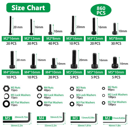 860PCS Metric Screw Assortment Kit, M2 M3 M4 M5 Machine Screws with Lock & Flat Washers, 12.9 Grade Alloy Steel, Metric Hex Socket Head Cap Nuts and Bolts Assortment Kit with 4 Wrenches