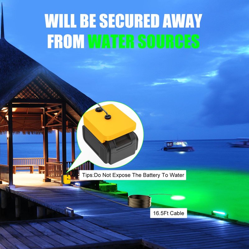 Underwater Fishing Light Compatible for Dewalt 20V Battery，LED Green Light for IP68 1300 Lumens Fish Attracting, Night Fishing for Docks Boats or Kayaks(no Battery)