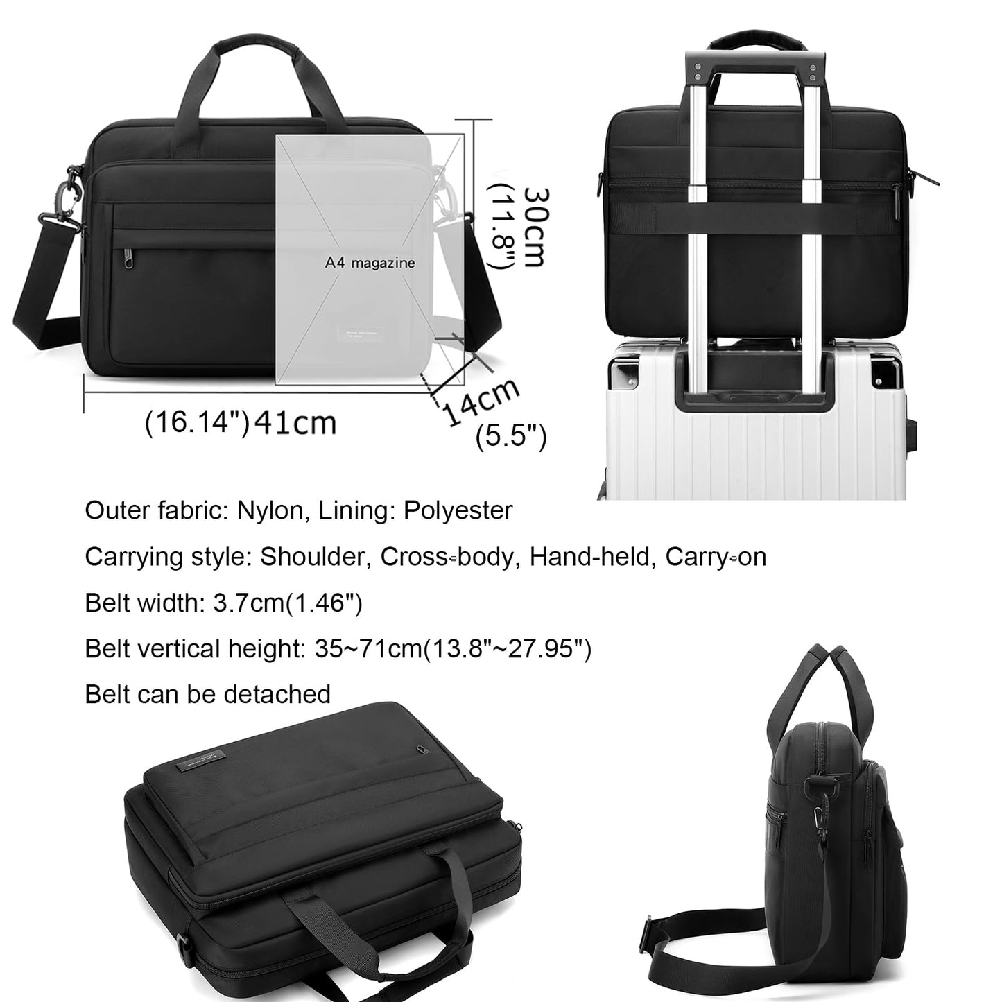 natyrlpog Laptop Bag 15.6 Inch Briefcase for Men Women Waterproof Nylon Lightweight, Shoulder Computer Messenger Handbag for Business Office Work Travel College Black