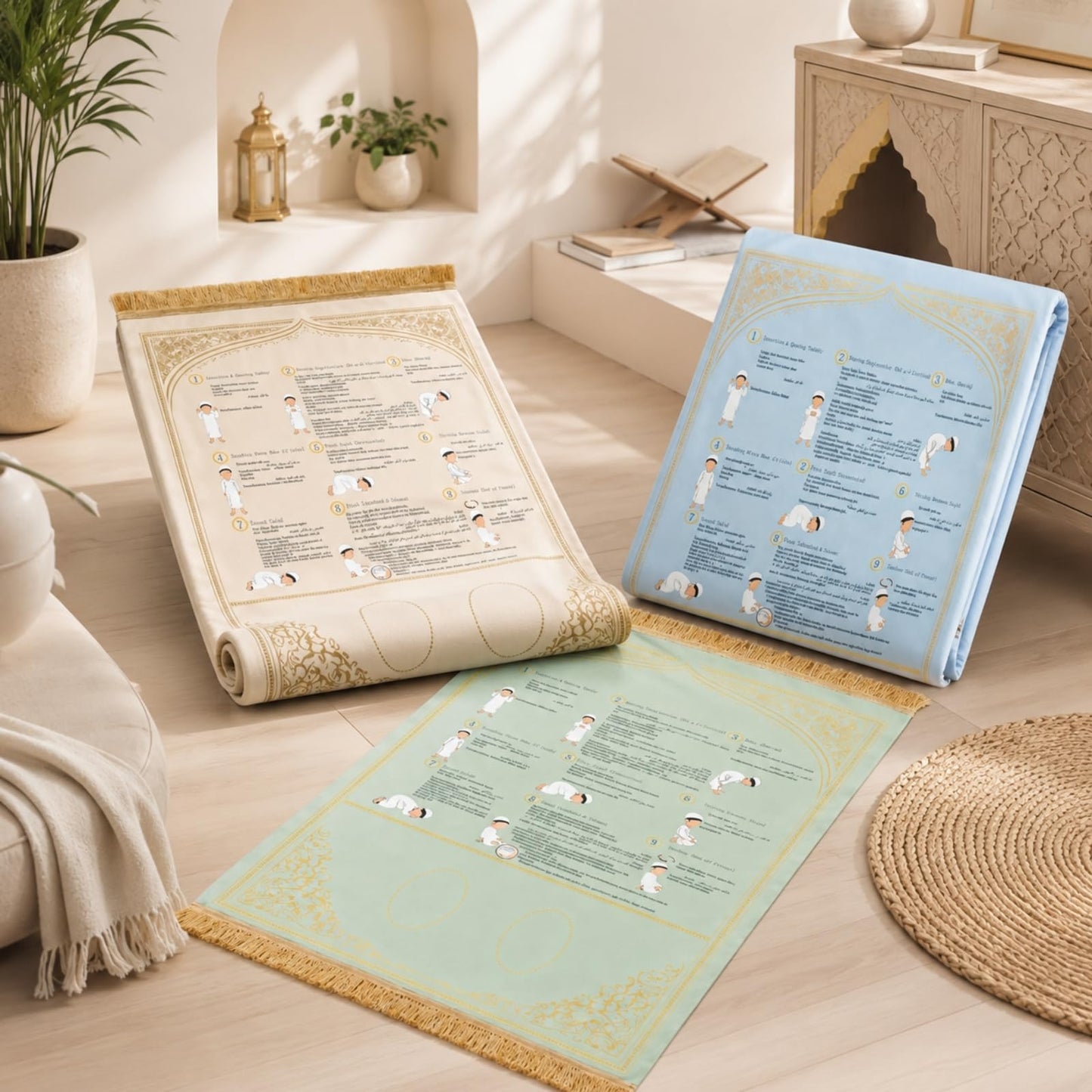3-Pack Suede Prayer Mat with Instructions, Muslim Prayer Rug Set