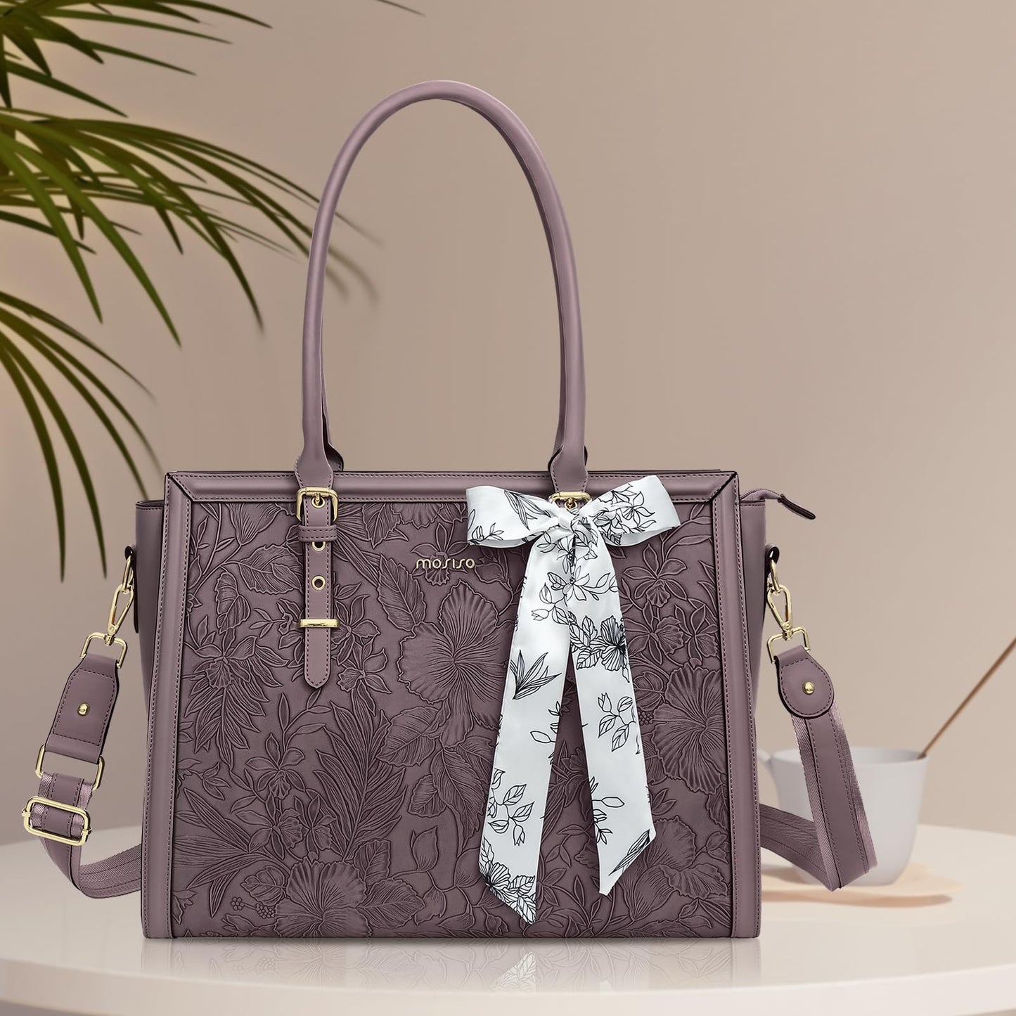 MOSISO Laptop Bag for Women, 17-17.3 inch PU Leather Tote Bag Compatible with MacBook, HP, Dell, Asus Notebook, Front Embossed Retro Hibiscus Computer Bags with Silk Scarf&Clutch Purse, Slate Purple