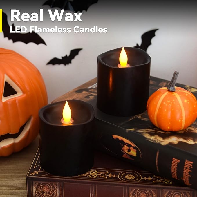 Black Flameless LED Candles, Black Battery Operated Candles with Remote Timer, 3"x3" Real Wax 2-Pack, 3D Flickering Flame Last 600+ Hours, Ideal for Halloween Christmas Gothic Home Decor