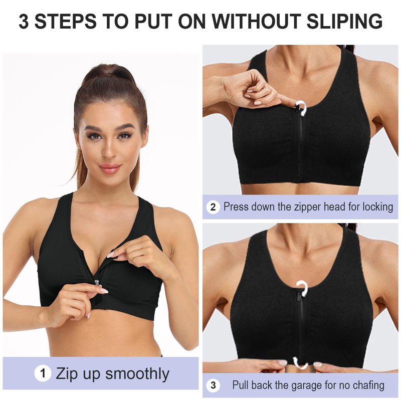 Women's Plus Size Zip Front Sports Bra - Wireless, Padded, Surgical, Racerback, Workout & Yoga Bras (XX-Large, 3 Pack (Black+Flesh+Bean Paste))