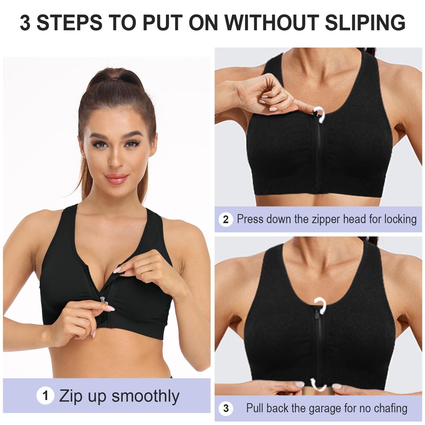Women's Zip Front Sports Bra Wireless Post-Surgery Bra Workout Sports Bras
