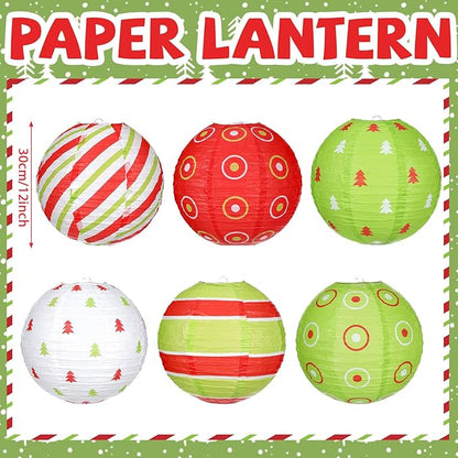 Bencailor 12 Pcs Christmas Hanging Paper Lanterns Set Decorative Christmas Party Lanterns Round Hanging Lamps for Xmas Home Decoration Supplies Props Graduation Holiday Decor(Christmas Tree, 12 Inch)