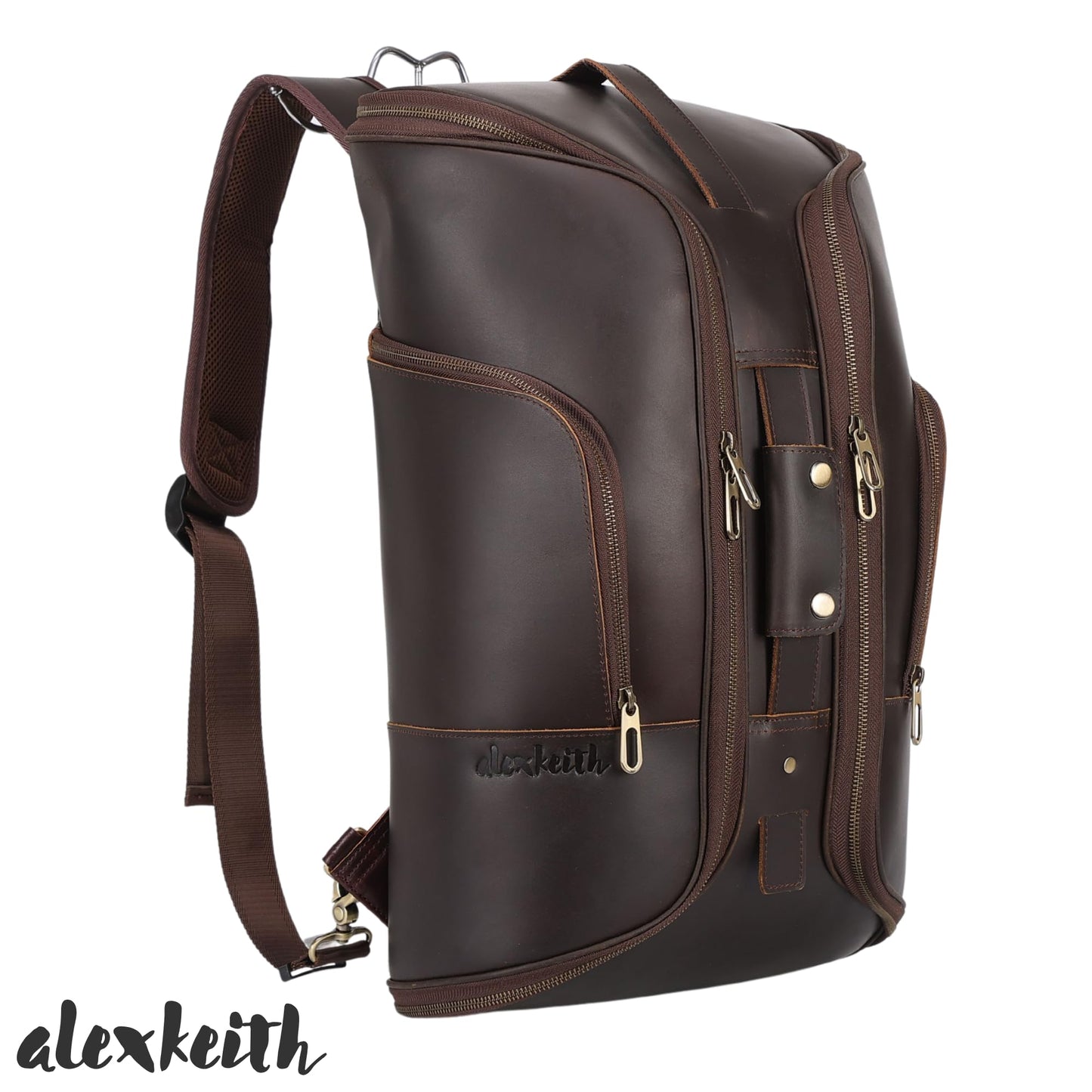 Alex Keith Full Grain Leather Weekender Bag for Men – Convertible Duffel Backpack, Carry-On Overnight Travel Bag - Vintage Dark Brown