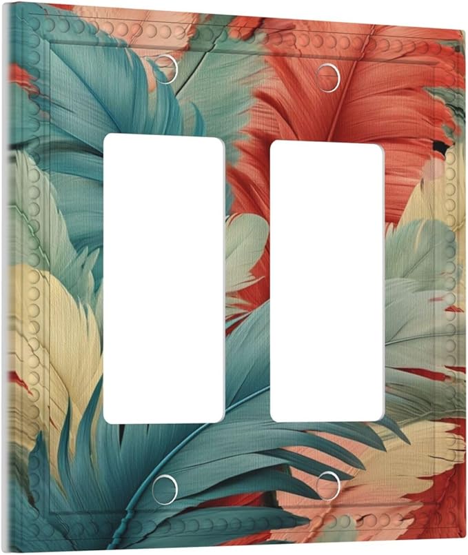 Colorful Feathers Blue Red Dual Outlet Covers Wall Plate 2 Gang Rocker Decora Decorative Switchplate Electrical Faceplate GFCI Light Switch Covers for Farmhouse Living Decor