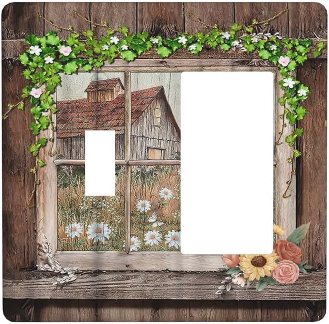 Farm Barn Farmhouse Rustic Country Flower 2 Gang Combination Light Switch Cover Decorative Toggle Rocker/Decora Wall Plate Electrical Faceplate for Bathroom Kitchen Home Decor
