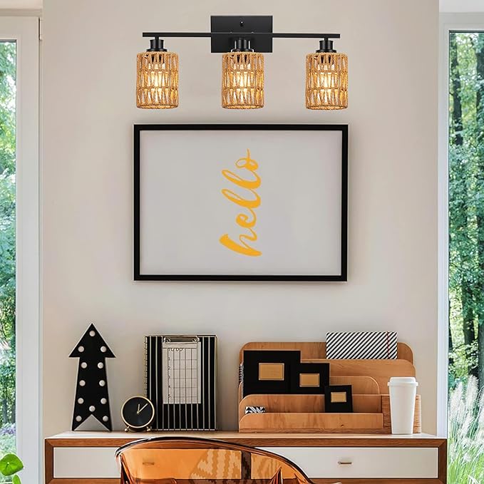 MELUCEE 3 Light Bathroom Vanity Light Rattan Wall Sconce 24 Inches Farmhouse Bathroom Light Fixtures with Rattan Lamp Shade, Black Finish, Suitable for Kitchen Hallway Living Room