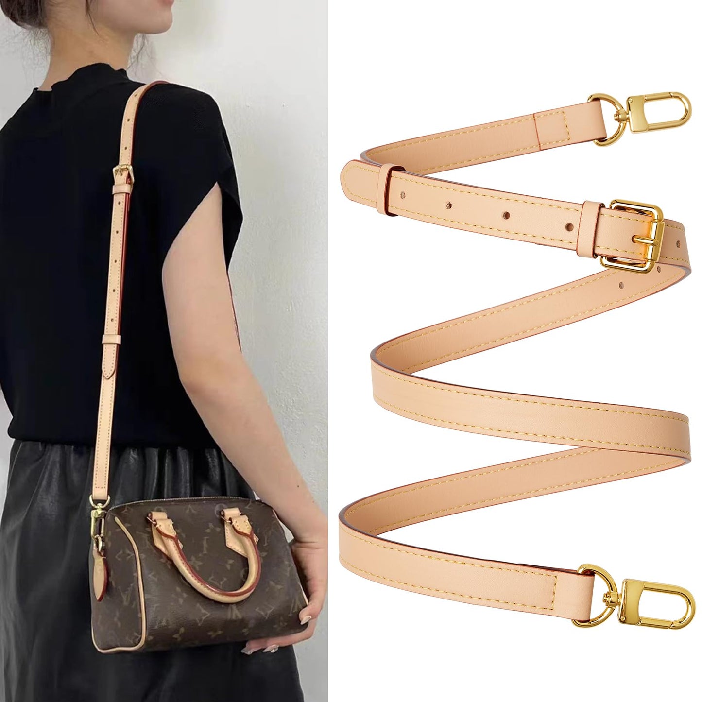RICLVS Genuine Vachetta Leather Crossbody Strap Genuine Leather Adjustable Replacement Strap for Shoulder Bag Handbag Purse (Beige)