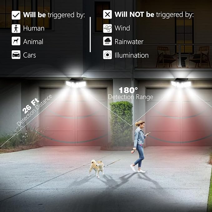 AmeriTop Solar Lights Outdoor, 2 Pack 233 LED High Brightness Cordless Solar Motion Sensor Lights; 3 Adjustable Heads, 270° Wide Angle Illumination, IP65 Waterproof, Security LED Flood Light(Daylight)
