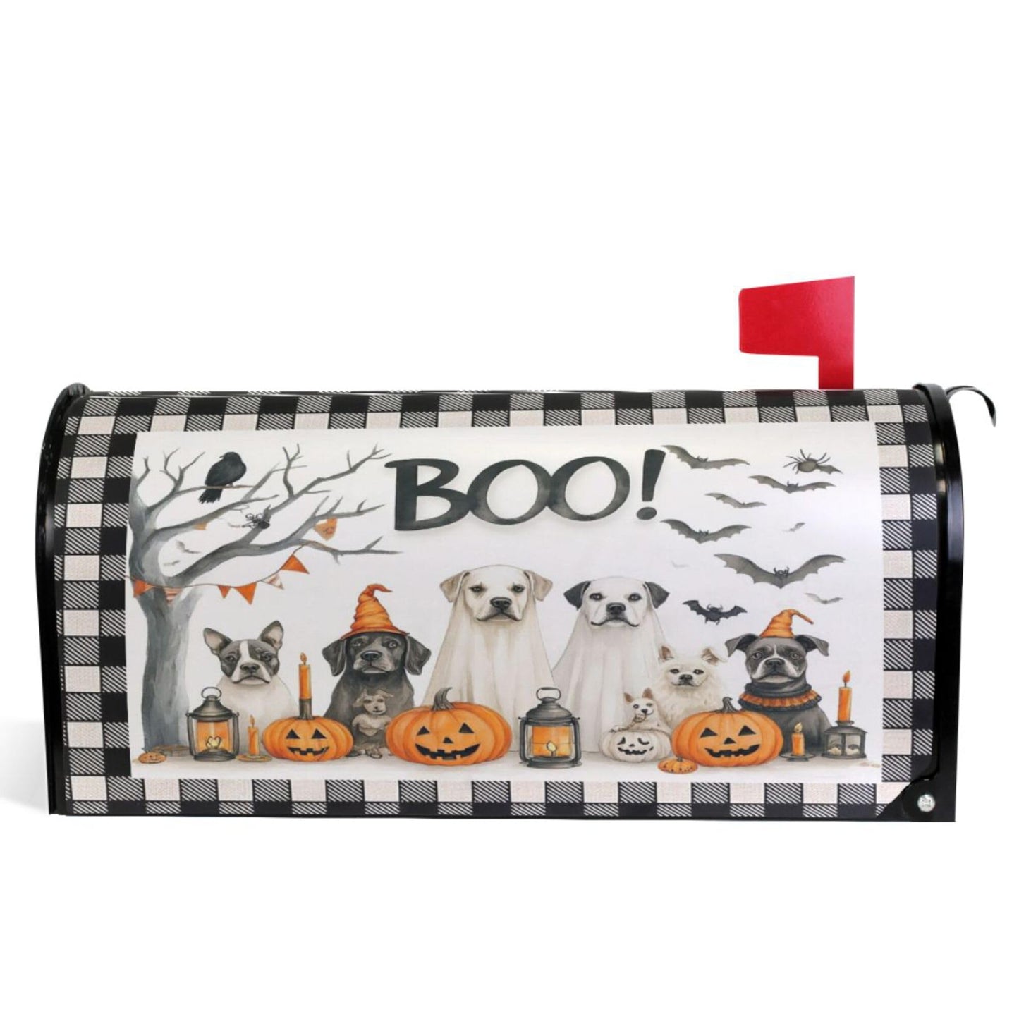 Happy Halloween Dogs Magnetic Mailbox Covers Spooky Bat Raven Pumpkin Buffalo Plaid Mailbox Cover Standard Size Full Magnet Garden Yard Porch Mail Boxes Cover Holiday Decorations 21" L x 18" W