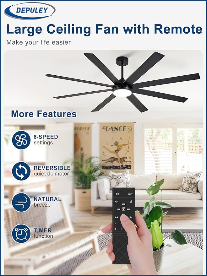 Depuley 72" Ceiling Fans with Lights: Black Indoor/Outdoor Ceiling Fan for Patios Living Room - 8 Blades Dimmable Large Ceiling Fans with Remote APP Control Timer Reversible Quiet DC Motor 6 Speeds