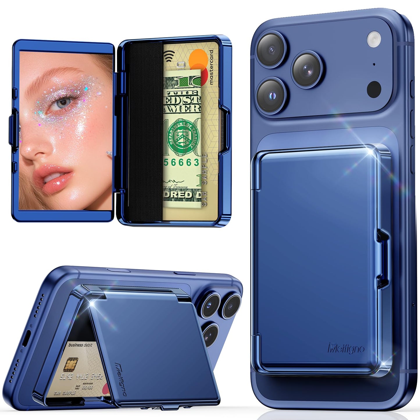 Meifigno Strong Magnetic Phone Wallet with Mirror & Kickstand, Magnetic Phone Card Holder (3-4 Cards & Cash) Compatible with iPhone 17/16/15/14/13/12 Series, Metal Plating Glossy, Deep Blue
