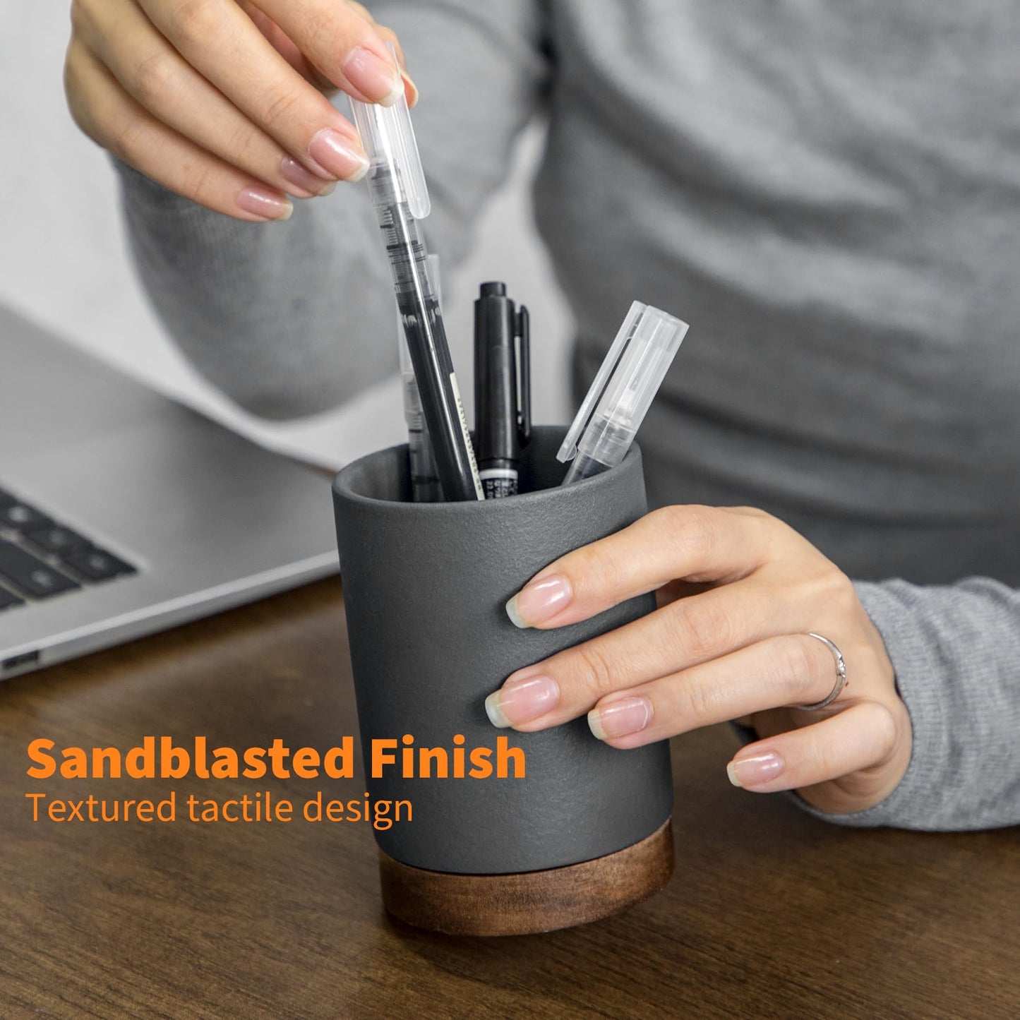 Officepal Ceramic Pen Holder for Desk, Pencil Organizer & Makeup Brush Holder, Office Decor and Desk Accessories, Perfect Office Organization, Teacher Supplies (Dark Grey, Set of 1)