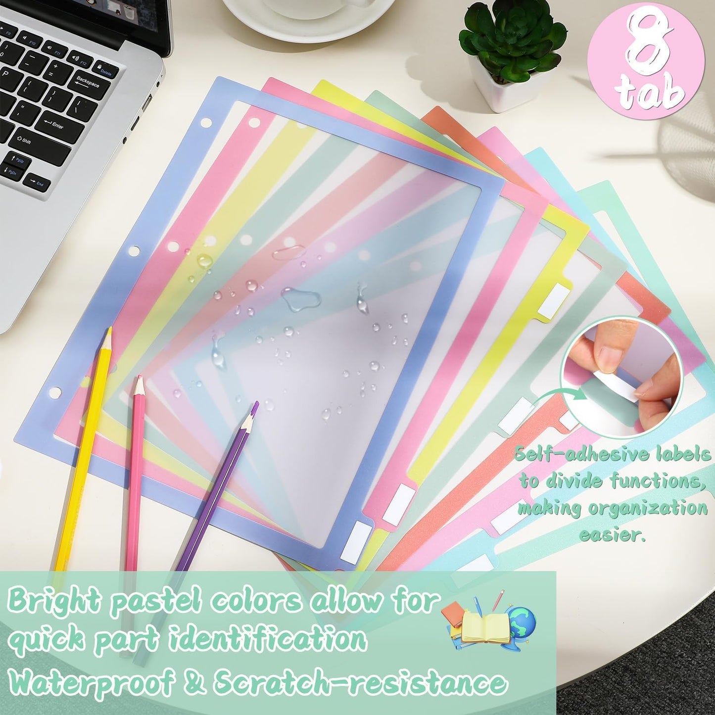 gisgfim 48Pcs/6 Set 8 Tab Dividers for 3 Ring Binder 8 Color Clear Plastic Binder Divider with Tabs 3 Hole Punched Folder Dividers Sheet Protector Binder Index Divider for School Office