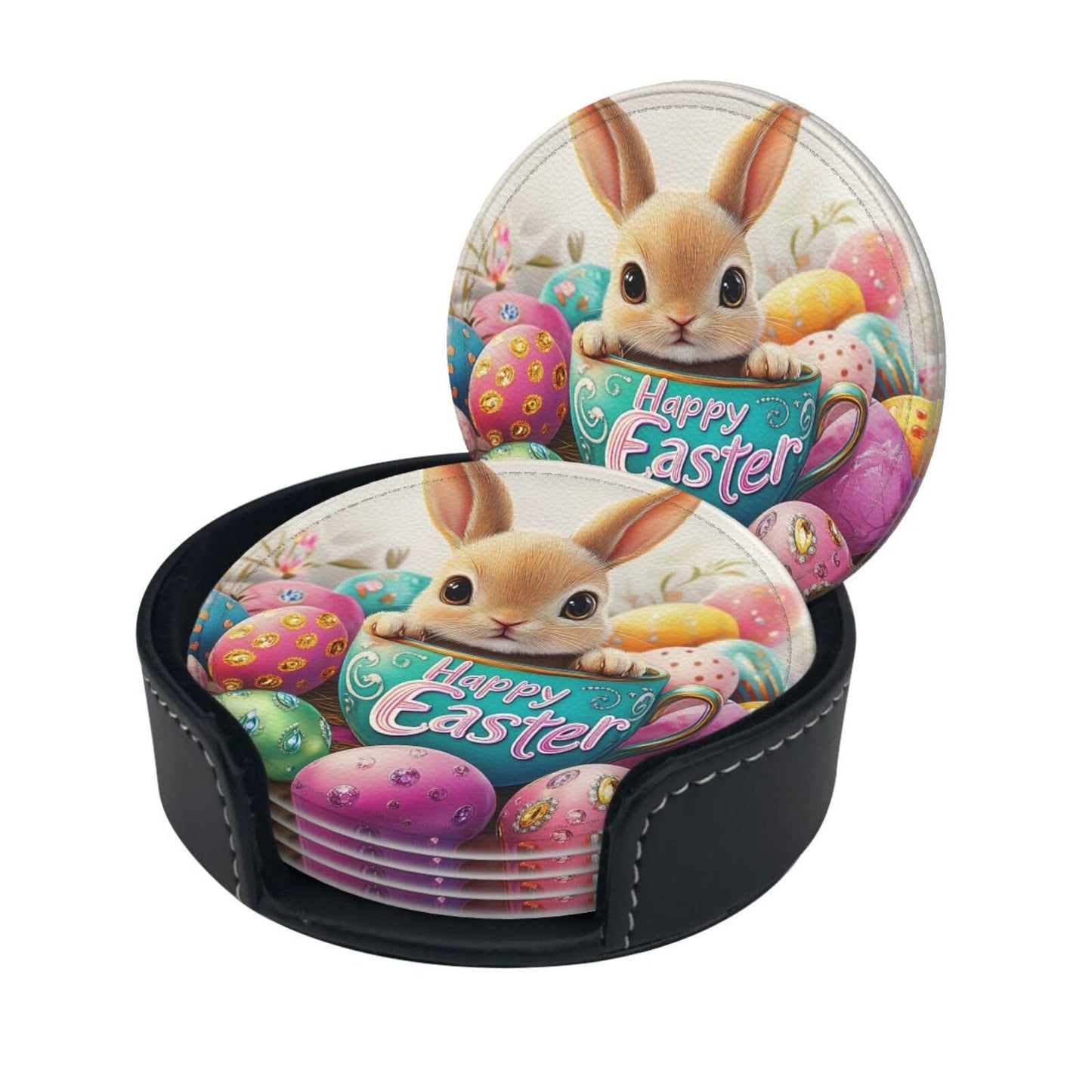 6 Pcs Easter Bunny Coasters for Drinks with Holder Round Leather Coasters Easter Coaster Sets Personalized Drink Coasters Coffee Table Cup Coaster Beer Coasters