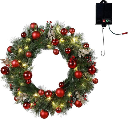 4pack Solar Christmas Wreath 24 Inch Pre-Lit Solar 50 Led Artificial Wreath Outdoor Front Door Window Christmas Decorations with Frosted Branches Red Christmas Balls (2408-4pk)