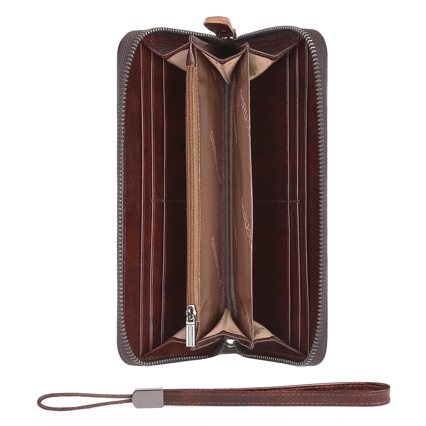 Men's Genuine Leather Zipper Wallet with RFID Blocking, Phone Pocket，Long Zipper Pouch Wallet (Coffee)