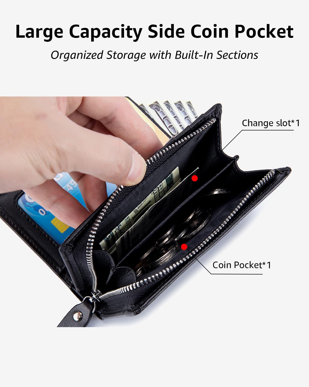 Karmiir Men’s RFID Vertical Bifold Leather Wallet with Zipper Coin Pocket, Multiple Card Slots, ID Window & Double Bill Compartments, Business Wallet for Daily Use (Black/Black)