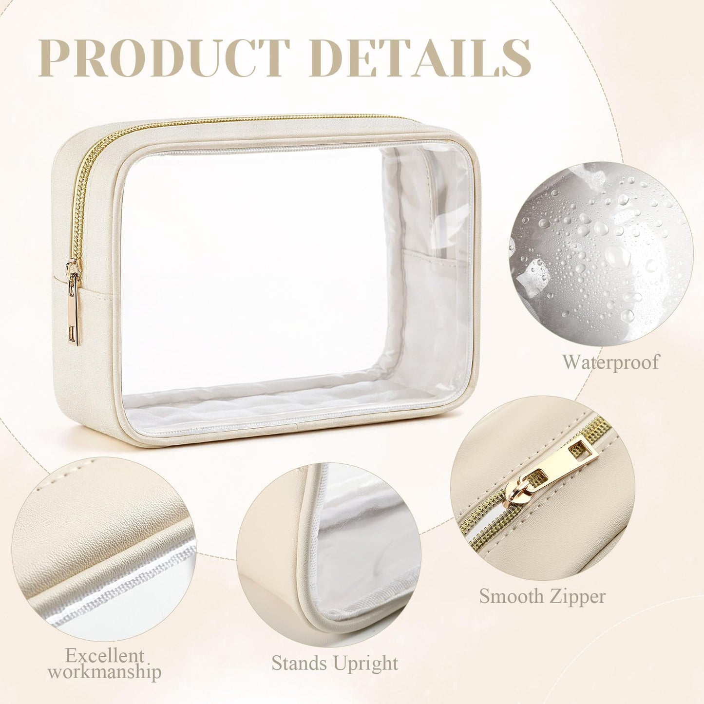 Abbylike 10 Pcs Clear Makeup Bags Bulk PU Leather Portable Travel Cosmetic Case Small Toiletry Bag with Zipper Car Console Organizer Waterproof Pouch for Women Birthday Gifts (Light Beige)