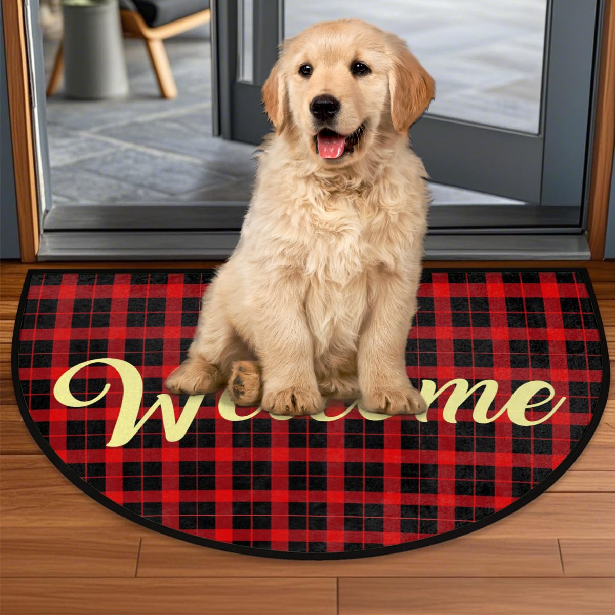 Half Round Door Mat Red Black Classic Plaid Outdoor Welcome Mat Christmas Non-Slip Area Rug for Entryway Front Door 36"x24"