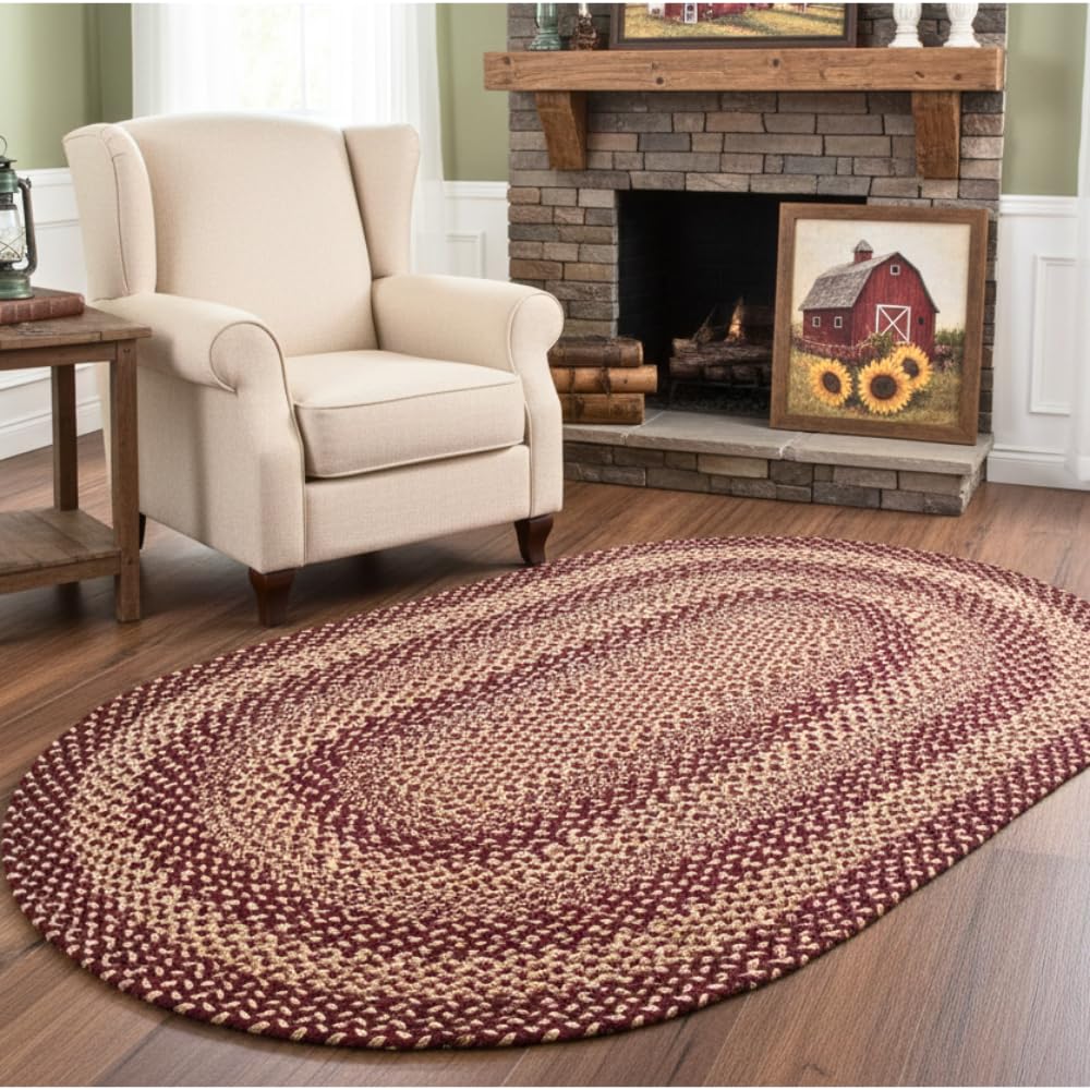 Rugance Rustic Trails 2x3' Oval Braided Rugs – Burgundy & Tan Rustic Braided Kitchen Rug, Primitive Entry Mat, Farmhouse Country Jute Décor