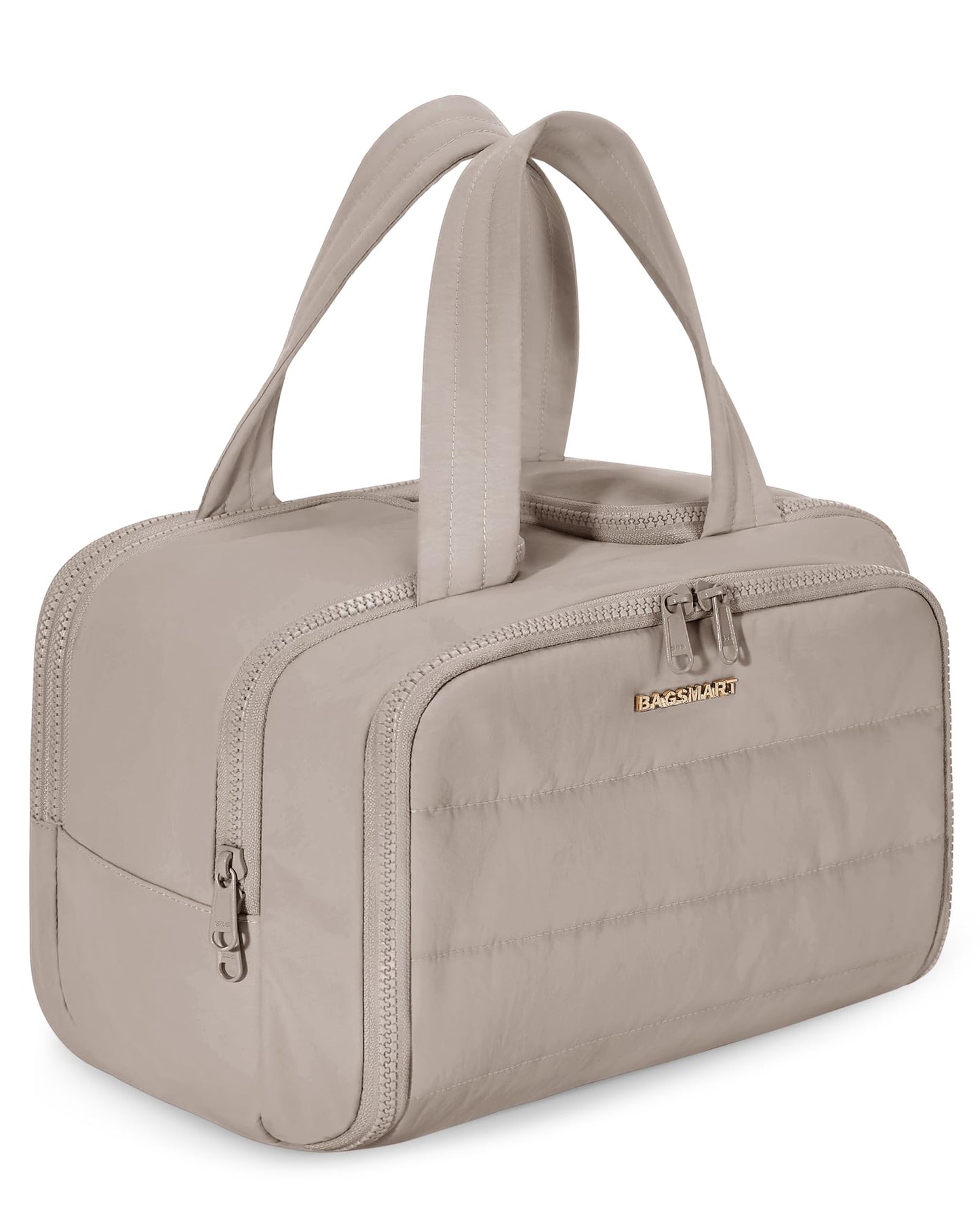 BAGSMART Travel Toiletry Bag, Crush Toiletry Bag for Women, Wide-open Puffy Toiletry Bags for Traveling, Large Travel Cosmetic Makeup Bag Organizer for Accessories,Toiletrie, Grayish Brown