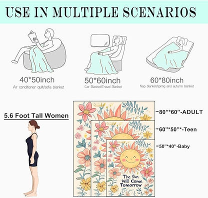 Retro Sun Fleece Blanket - 50x60in Cute Cheerful Floral Vintage Throw Blankets,Soft Cozy Lightweight, Ideal for Living Room Home Decor and Kids Women Girls Gifts