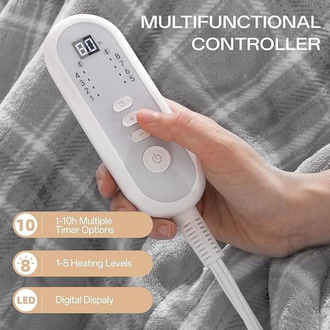 Heated Blanket Electric Twin, Heating Blanket with 8 Fast Heating Levels & 10 Hours Auto Shut-Off, Grey White Plaid Washable Warm Soft Flannel Blanket Gift for Couch Bed Office, ETL Certified