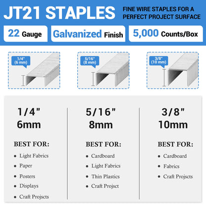 meite JT21 Staples, 1/4 Inch Galvanized Fine Wire Staples for Staple Gun - 5,000 Counts, 7/16" Crown JT21 Staple Refill, Ideal for Upholstery, Crafts, Furniture